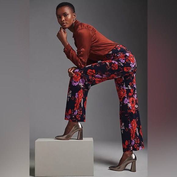 Maeve by Anthropologie The Colette Cropped Wide-Leg Velvet Pants Floral Size 27 - Picture 3 of 14